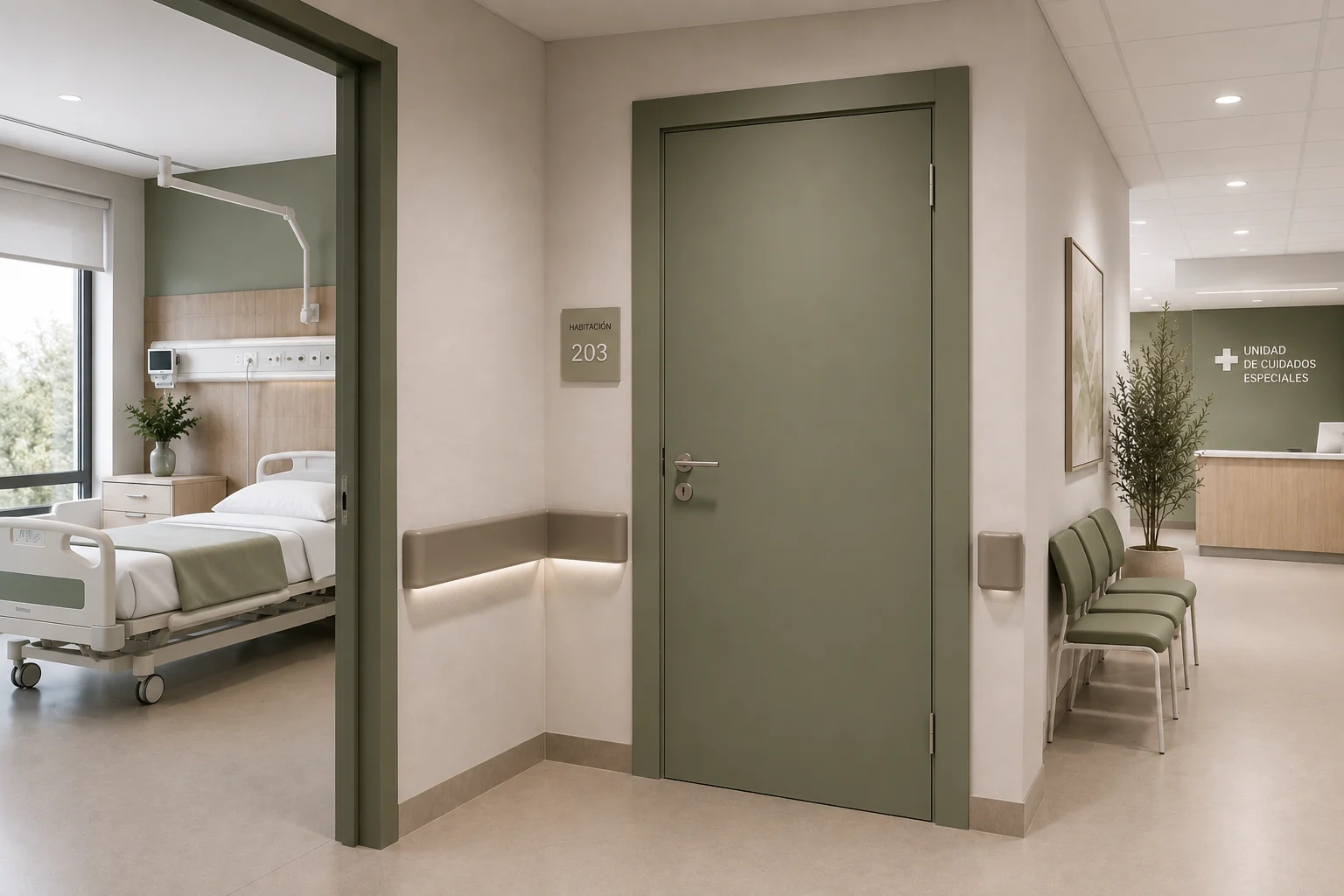Porte intérieure dans un couloir d’établissement de santé